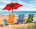 Colourful deck chairs on a sandy beach cross stitch kit for beginners