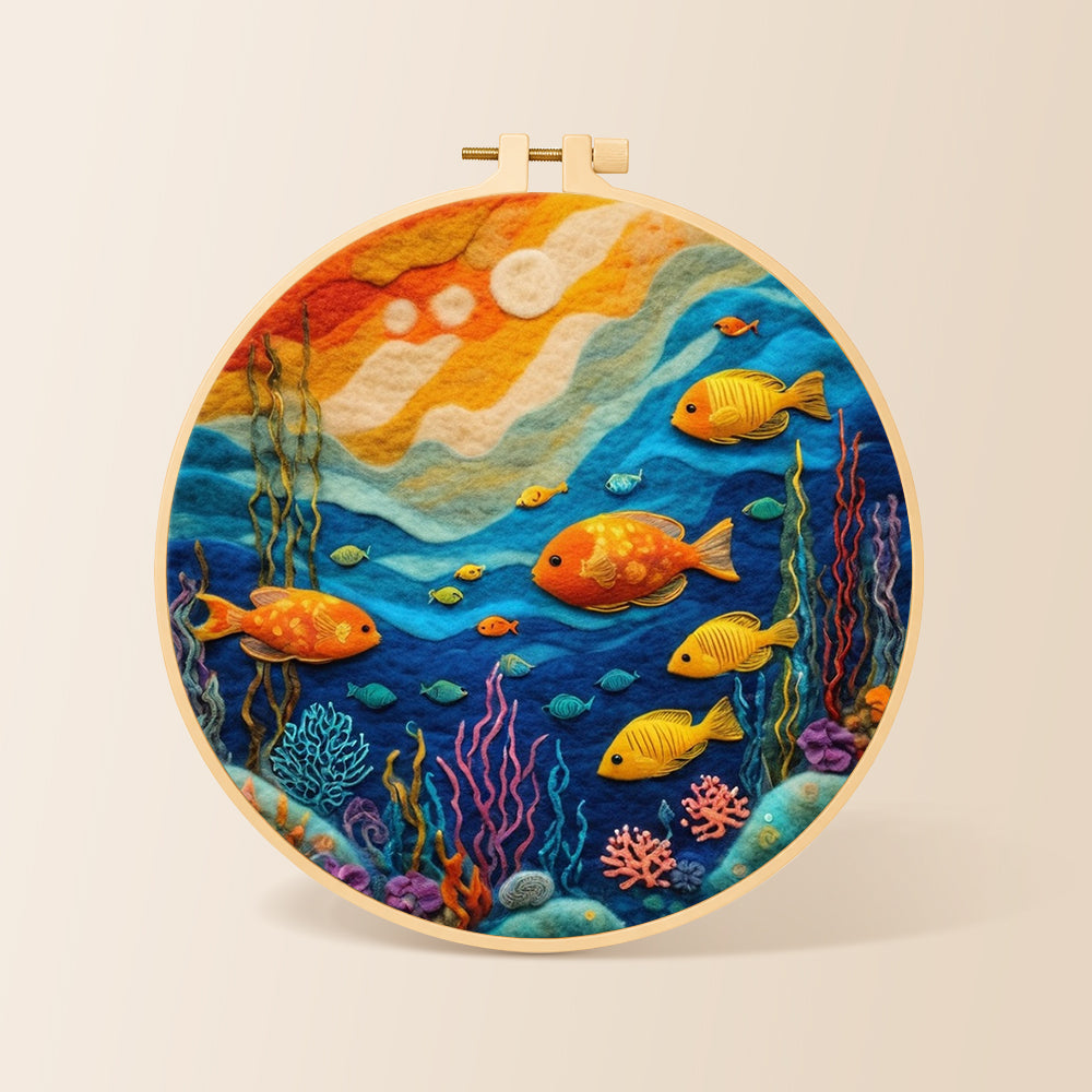 Colourful deep-sea fish needle felting kit for beginners with a round wooden frame