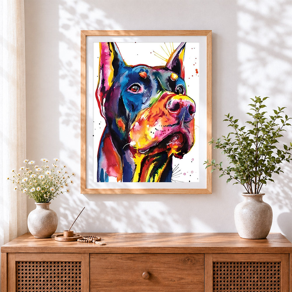 Finished colourful doberman portrait cross stitch artwork displayed
