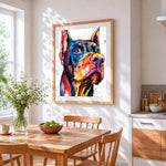Colourful doberman portrait cross stitch artwork displayed on wall as home decor