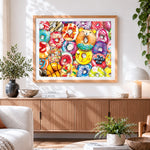 Finished colourful donuts and sweet treats paint by numbers artwork displayed as home decor