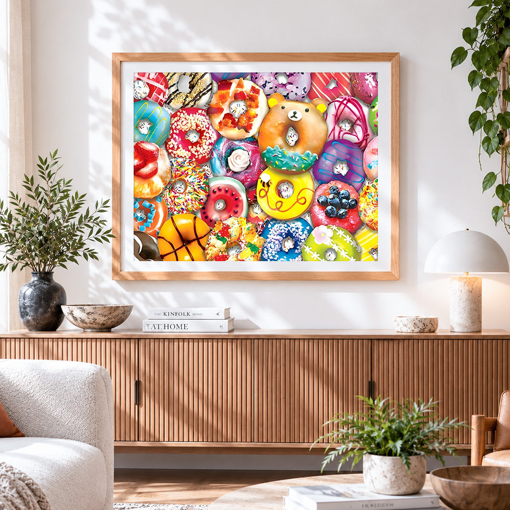 Finished colourful donuts and sweet treats paint by numbers artwork displayed as home decor