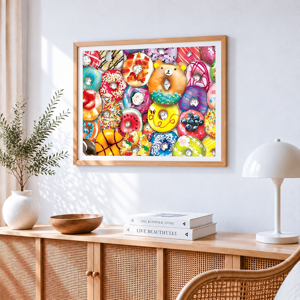 Colourful donuts and sweet treats paint by numbers artwork displayed on wall as home decor