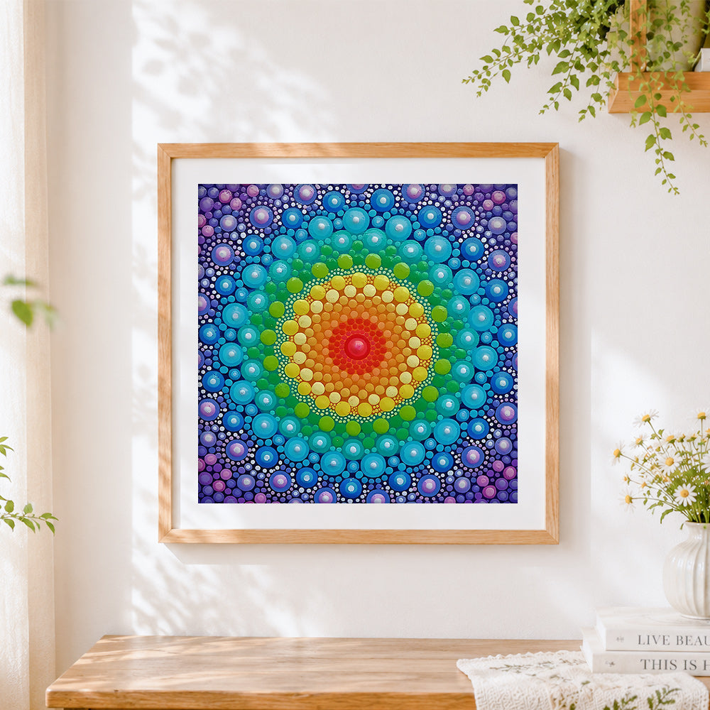 Finished colourful dot mandala cross stitch artwork displayed