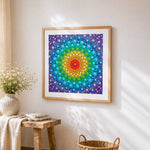 Colourful dot mandala cross stitch artwork displayed on wall as home decor