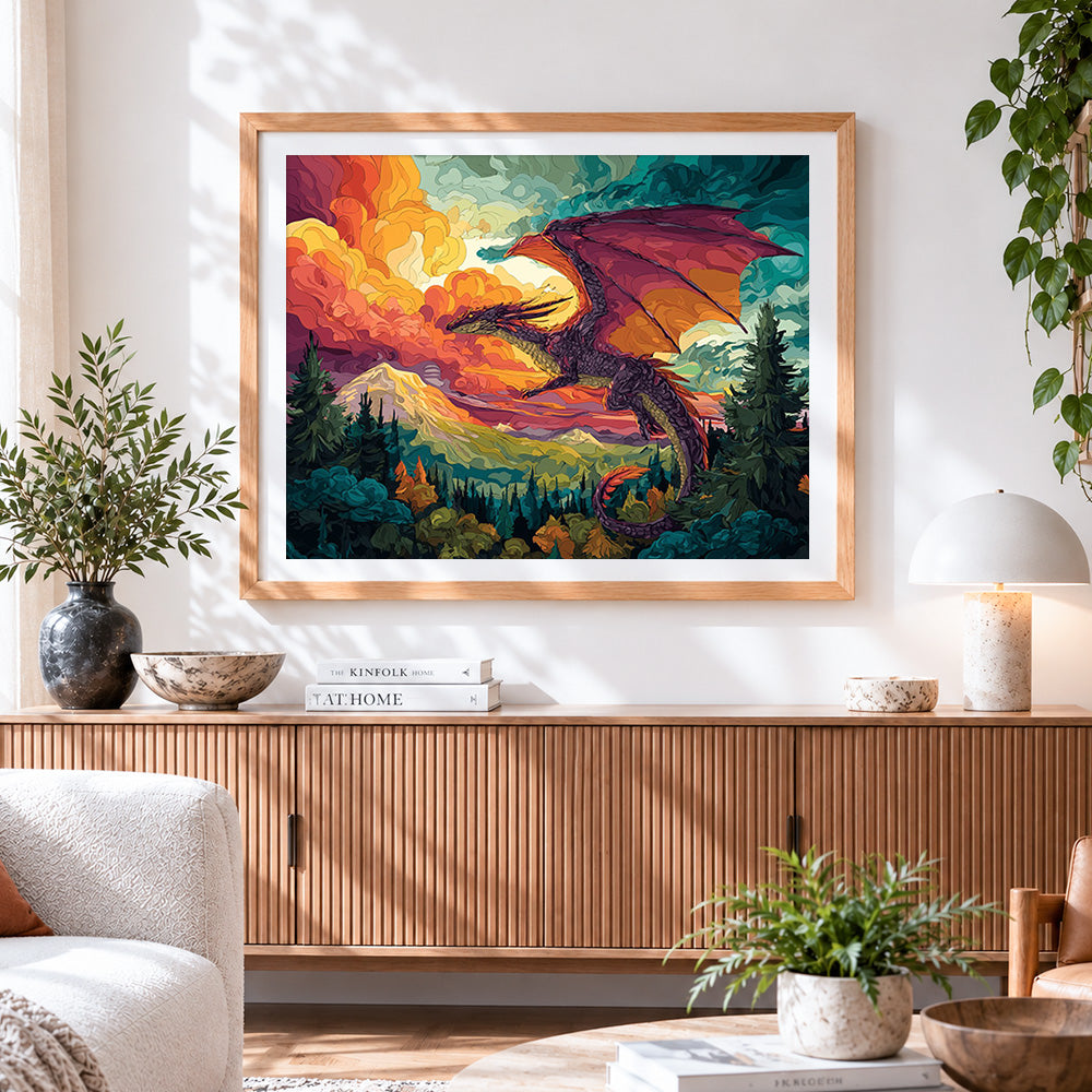 Finished colourful dragon flying through the clouds cross stitch artwork displayed
