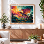 Finished colourful dragon flying through the clouds cross stitch artwork displayed