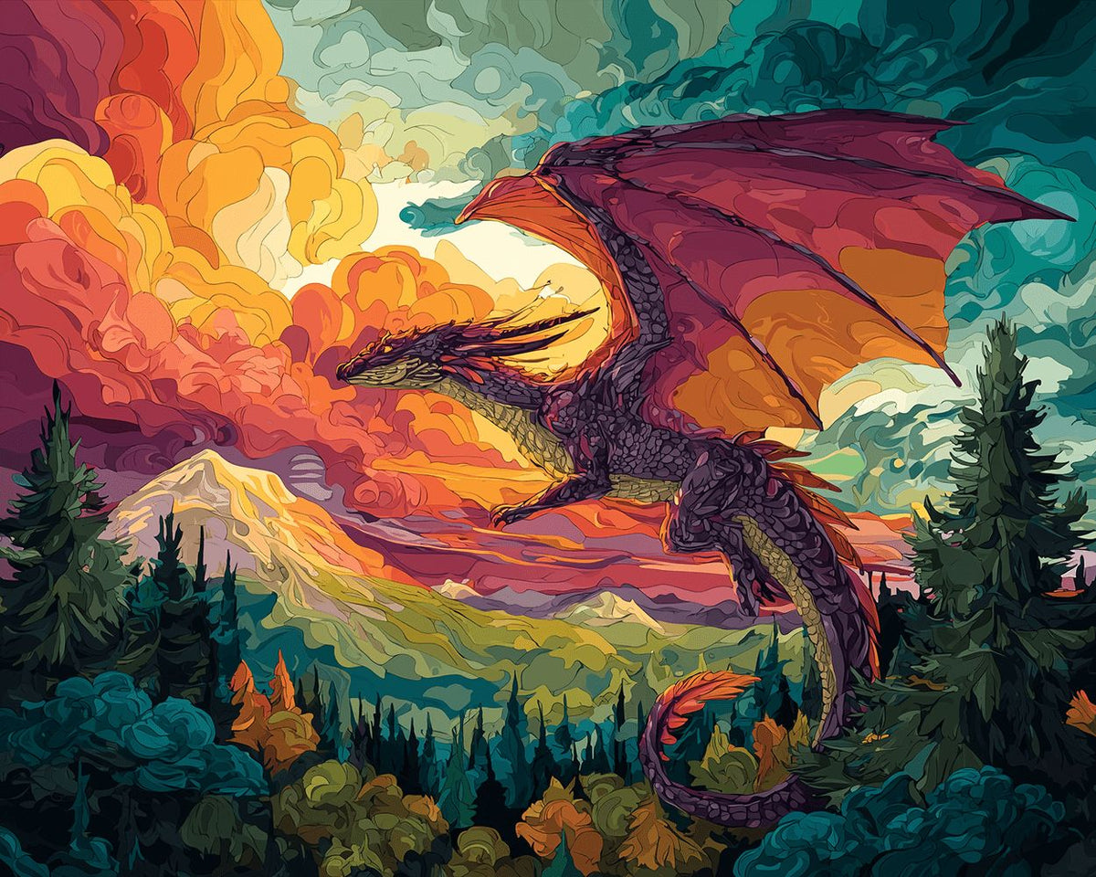 Colourful dragon flying through the clouds paint by numbers kit for beginners