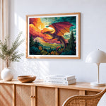 Colourful dragon flying through the clouds paint by numbers artwork displayed on wall as home decor