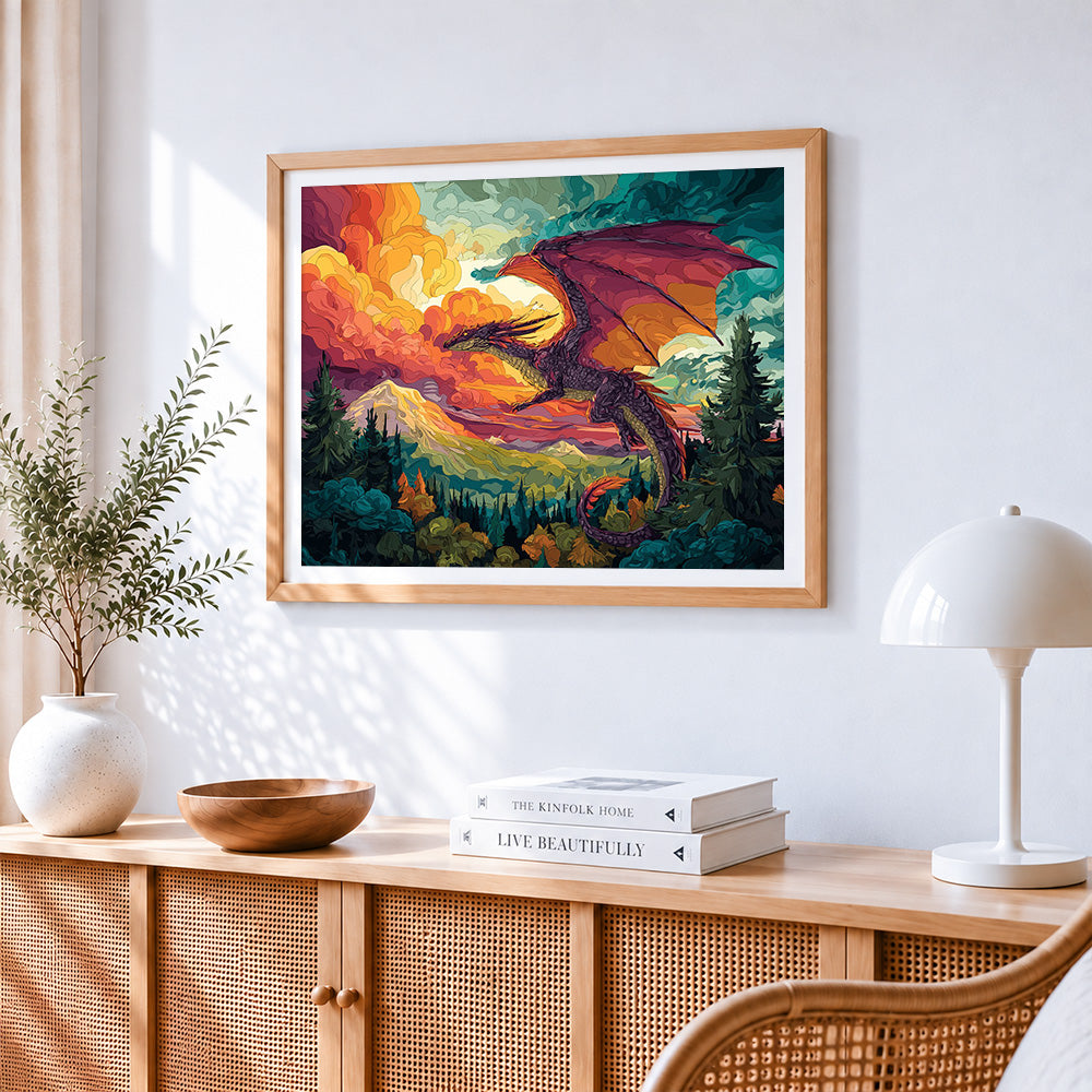 Colourful dragon flying through the clouds paint by numbers artwork displayed on wall as home decor