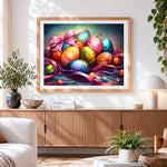 Finished colourful easter eggs and ribbons cross stitch artwork displayed