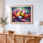 Colourful easter eggs and ribbons cross stitch artwork displayed on wall as home decor