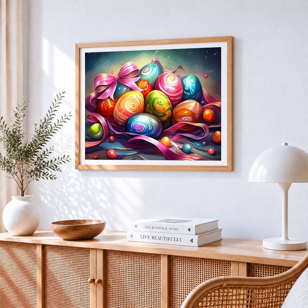 Colourful easter eggs and ribbons cross stitch artwork displayed on wall as home decor