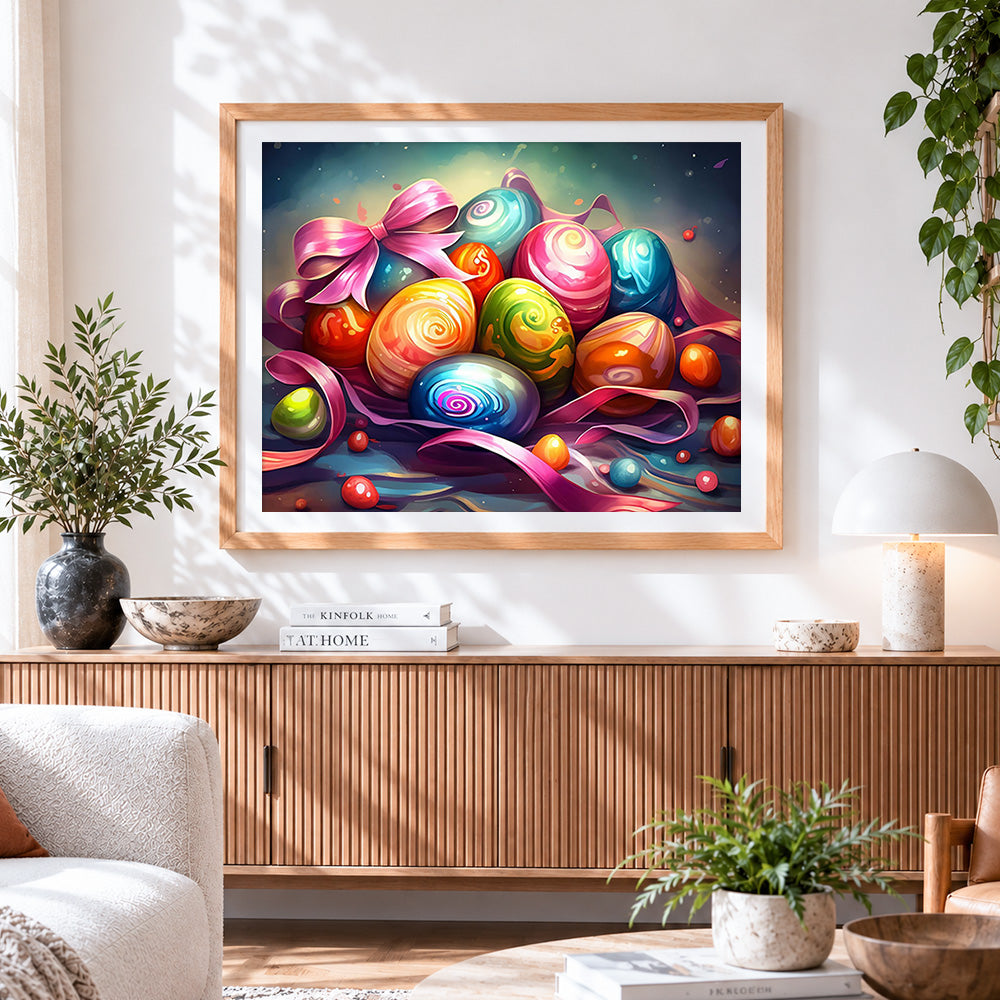 Finished colourful easter eggs and ribbons paint by numbers artwork displayed as home decor