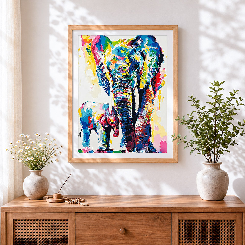 Finished colourful elephants and calf cross stitch artwork displayed