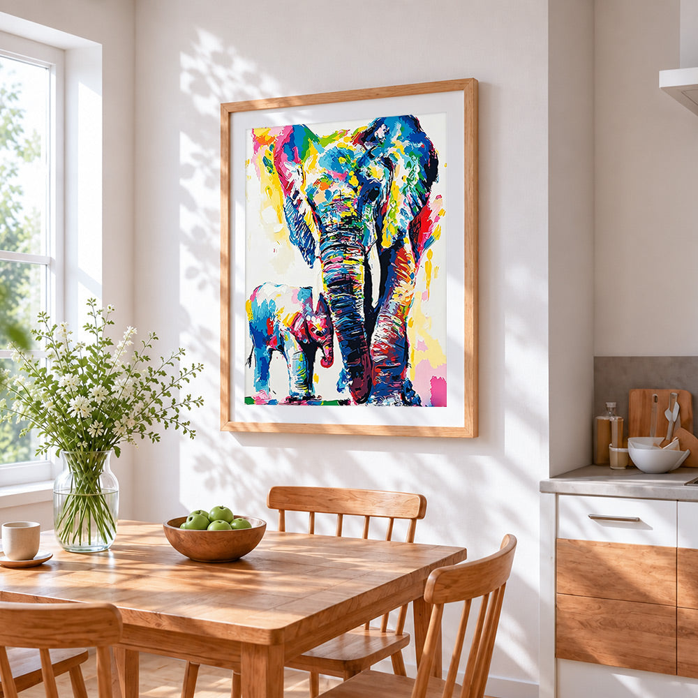 Colourful elephants and calf cross stitch artwork displayed on wall as home decor