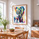Colourful elephants and calf cross stitch artwork displayed on wall as home decor
