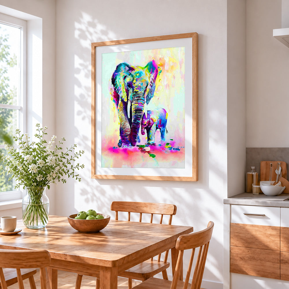 Colourful elephants with baby cross stitch artwork displayed on wall as home decor