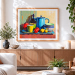 Finished colourful enamel kitchenware cross stitch artwork displayed
