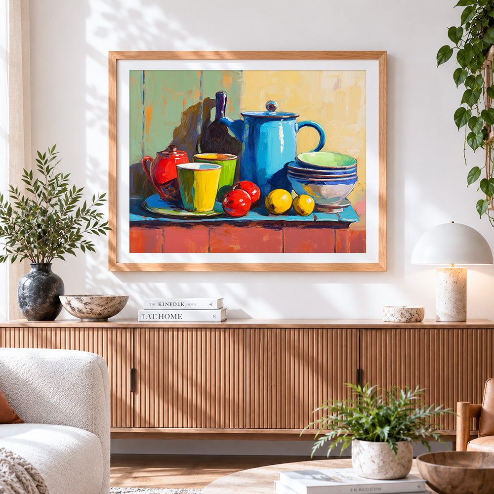 Finished colourful enamel kitchenware cross stitch artwork displayed