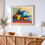 Colourful enamel kitchenware paint by numbers artwork displayed on wall as home decor