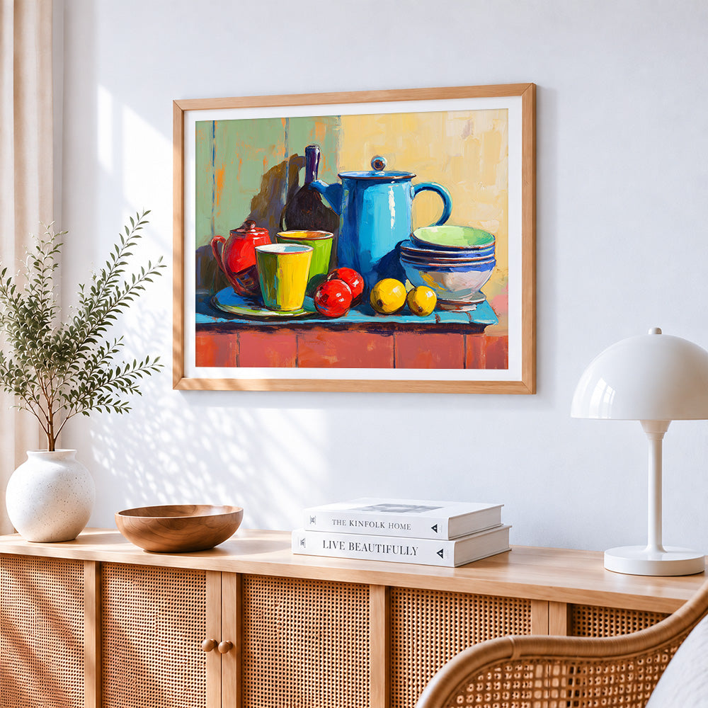 Colourful enamel kitchenware paint by numbers artwork displayed on wall as home decor