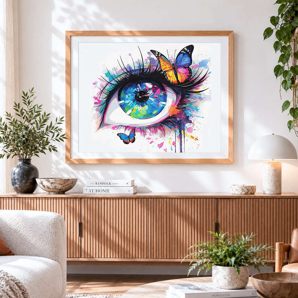 Finished colourful eye and butterflies cross stitch artwork displayed