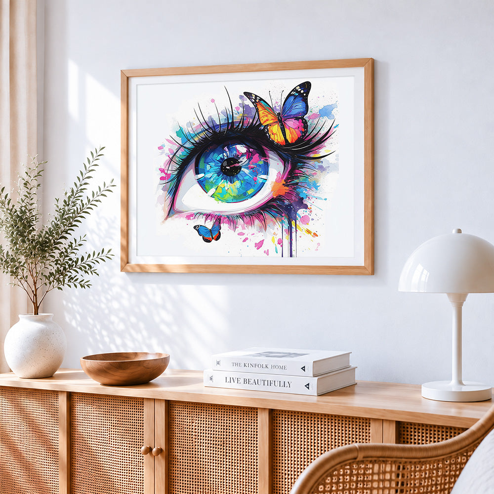 Colourful eye and butterflies cross stitch artwork displayed on wall as home decor