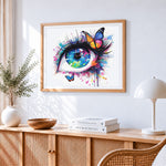 Colourful eye and butterflies paint by numbers artwork displayed on wall as home decor