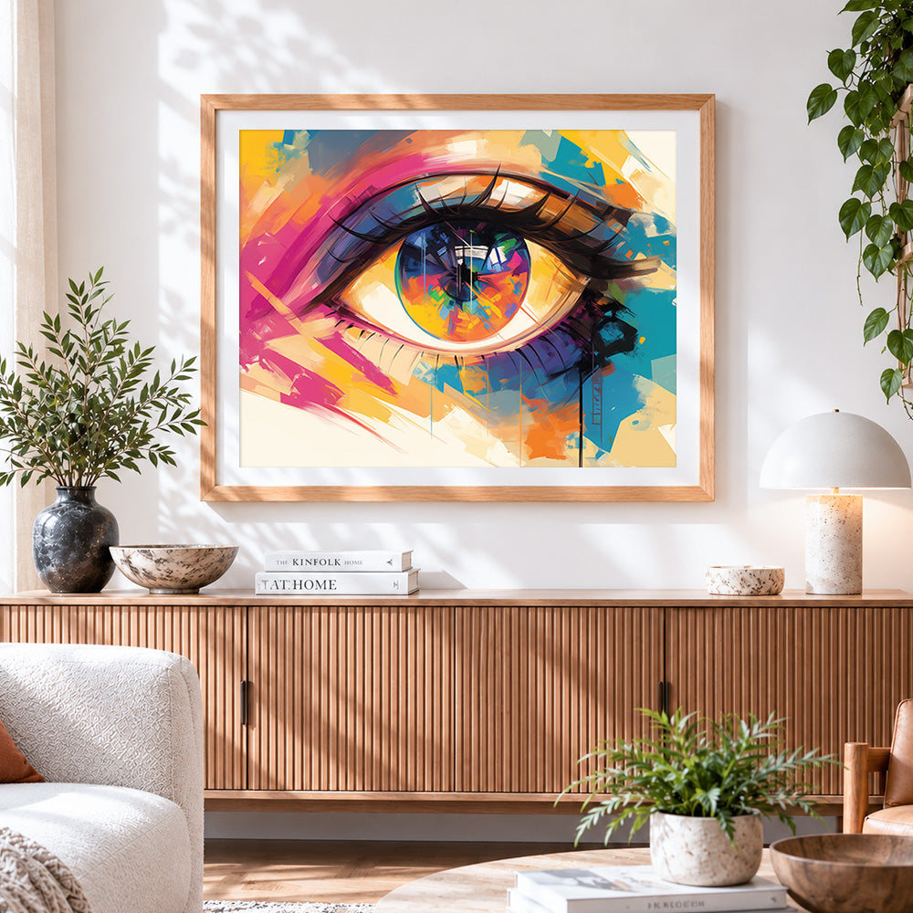 Finished colourful eye cross stitch artwork displayed