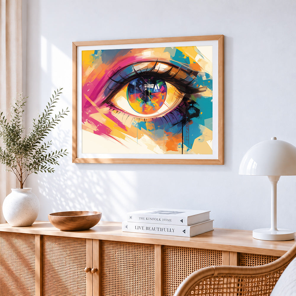 Colourful eye cross stitch artwork displayed on wall as home decor