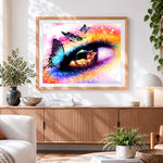 Finished colourful eye with butterflies paint by numbers artwork displayed as home decor