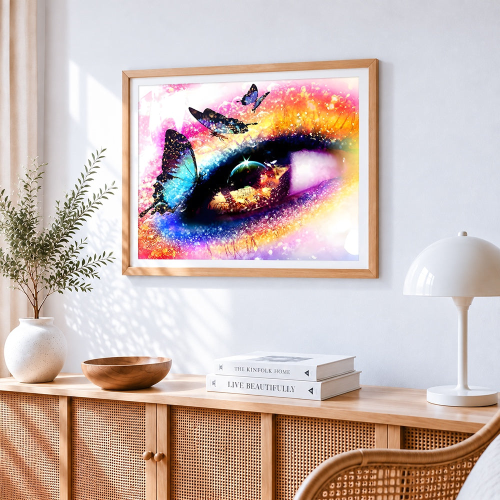 Colourful eye with butterflies paint by numbers artwork displayed on wall as home decor