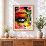 Finished colourful eye with flowers paint by numbers artwork displayed as home decor