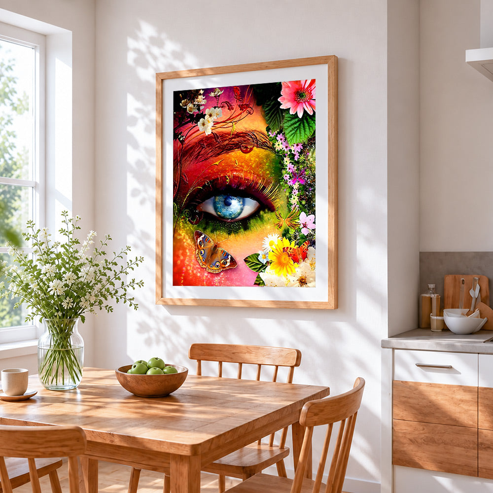 Colourful eye with flowers paint by numbers artwork displayed on wall as home decor