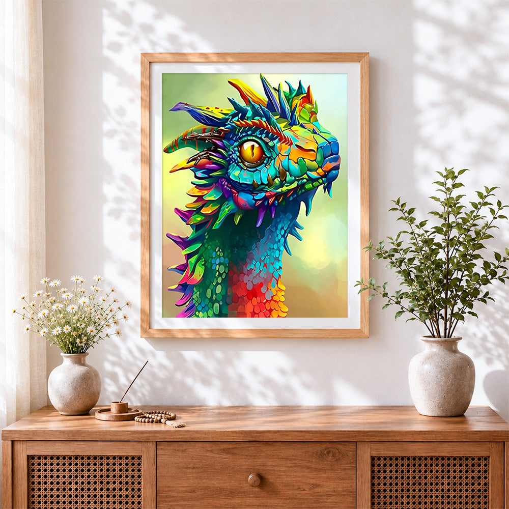 Finished colourful fantasy dragon cross stitch artwork displayed