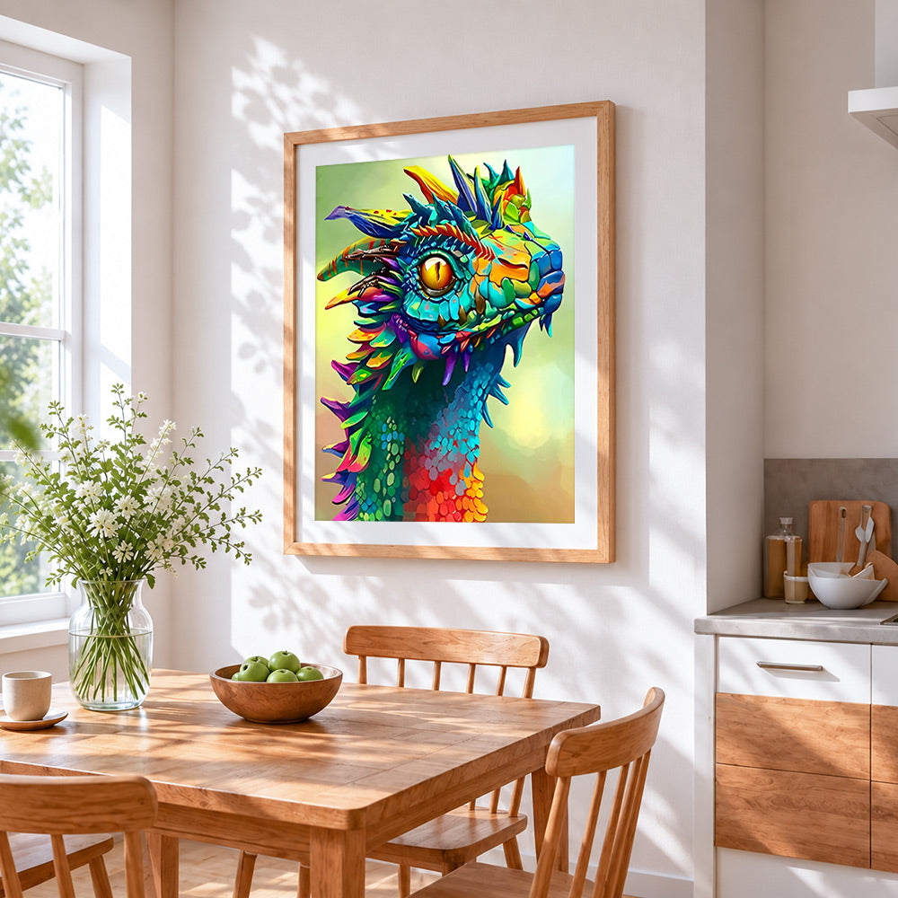 Colourful fantasy dragon cross stitch artwork displayed on wall as home decor