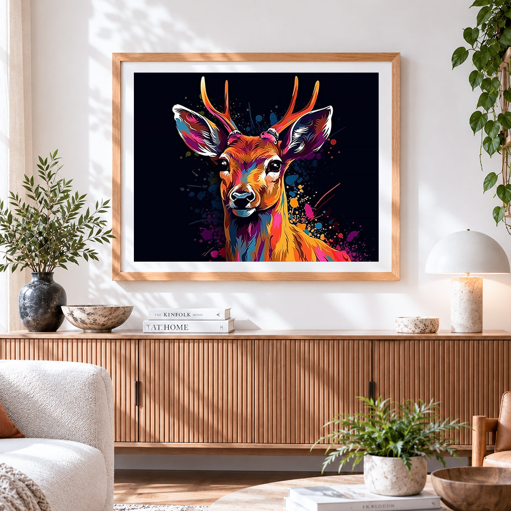 Finished colourful fawn on dark background cross stitch artwork displayed