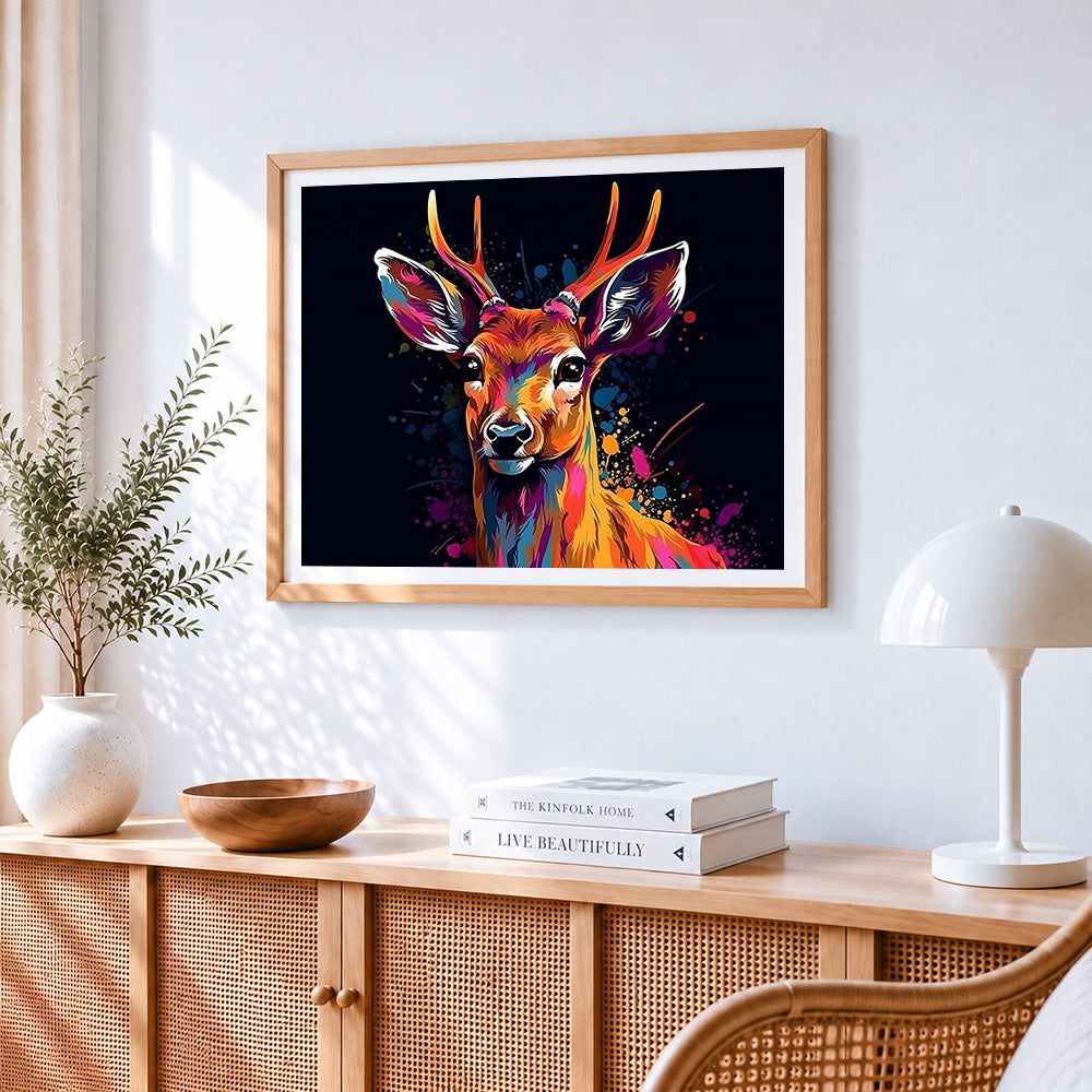 Colourful fawn on dark background paint by numbers artwork displayed on wall as home decor