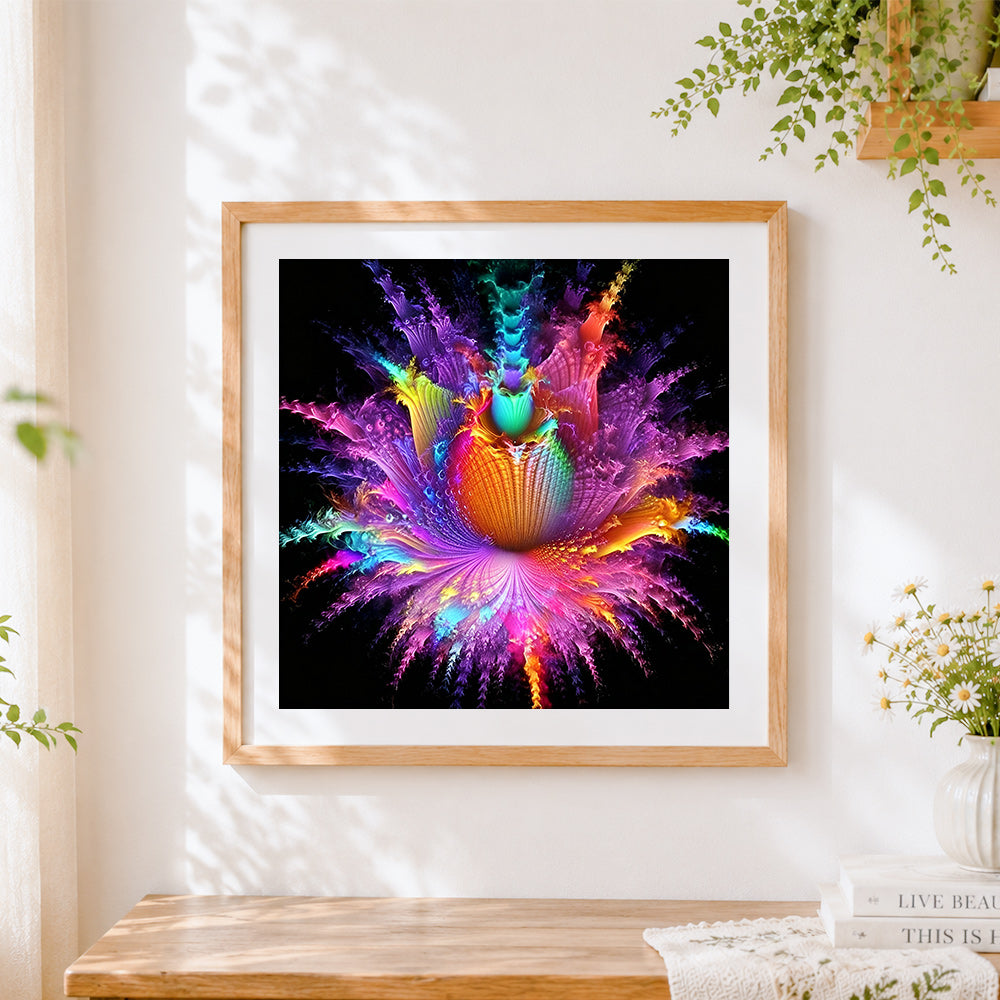 Finished colourful firework flower burst cross stitch artwork displayed