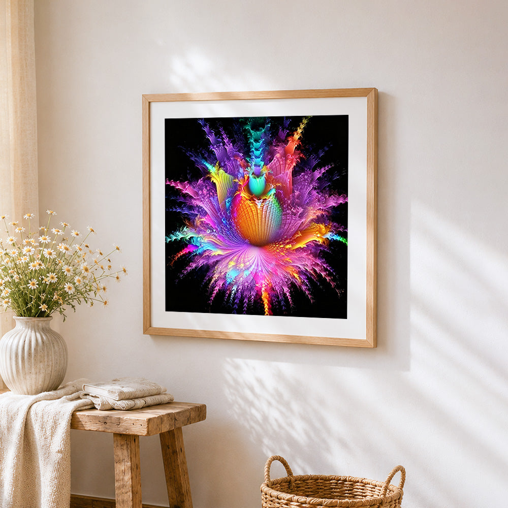 Colourful firework flower burst cross stitch artwork displayed on wall as home decor