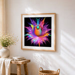 Colourful firework flower burst cross stitch artwork displayed on wall as home decor