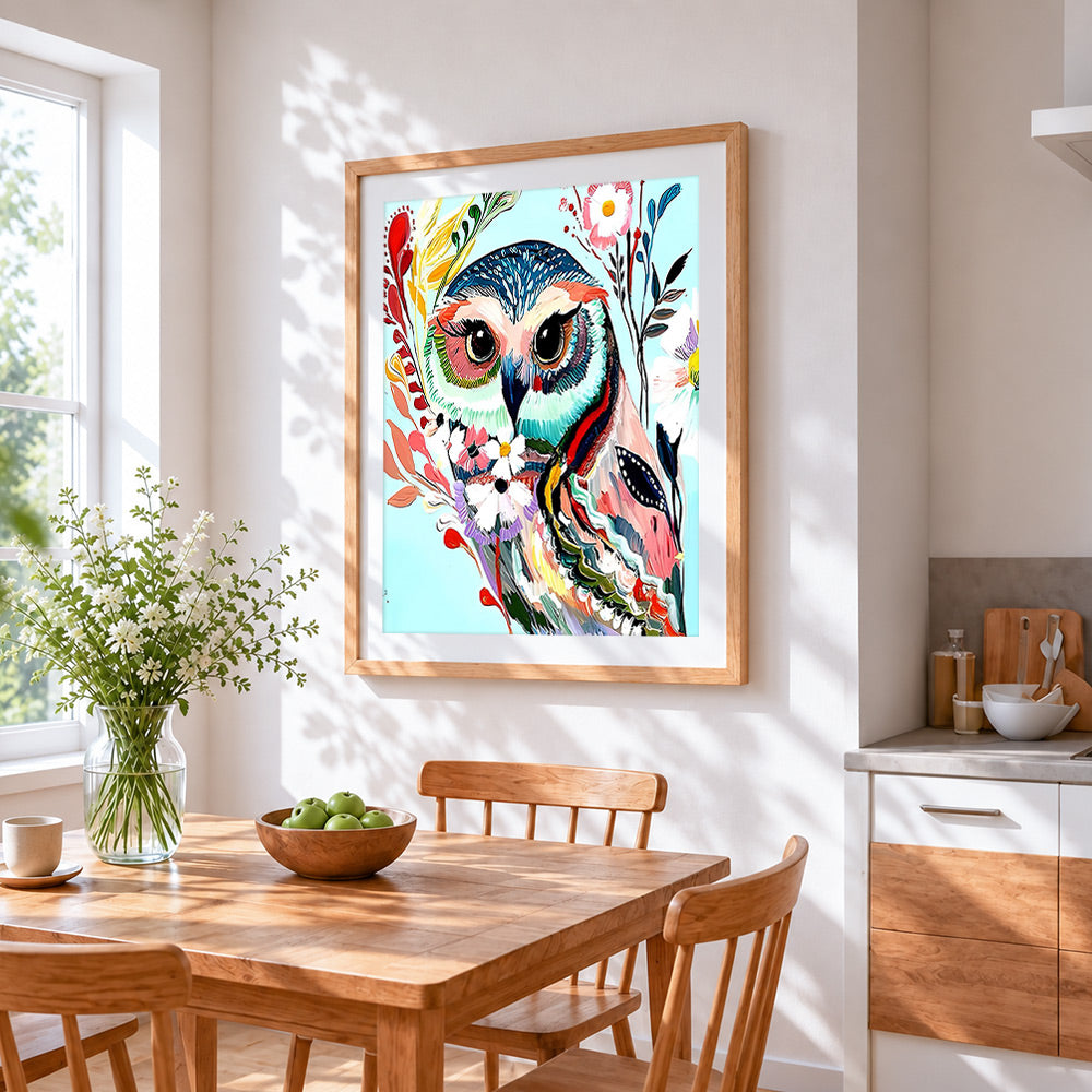 Colourful floral owl cross stitch artwork displayed on wall as home decor