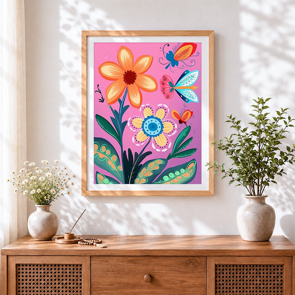 Finished colourful floral pattern with butterflies cross stitch artwork displayed