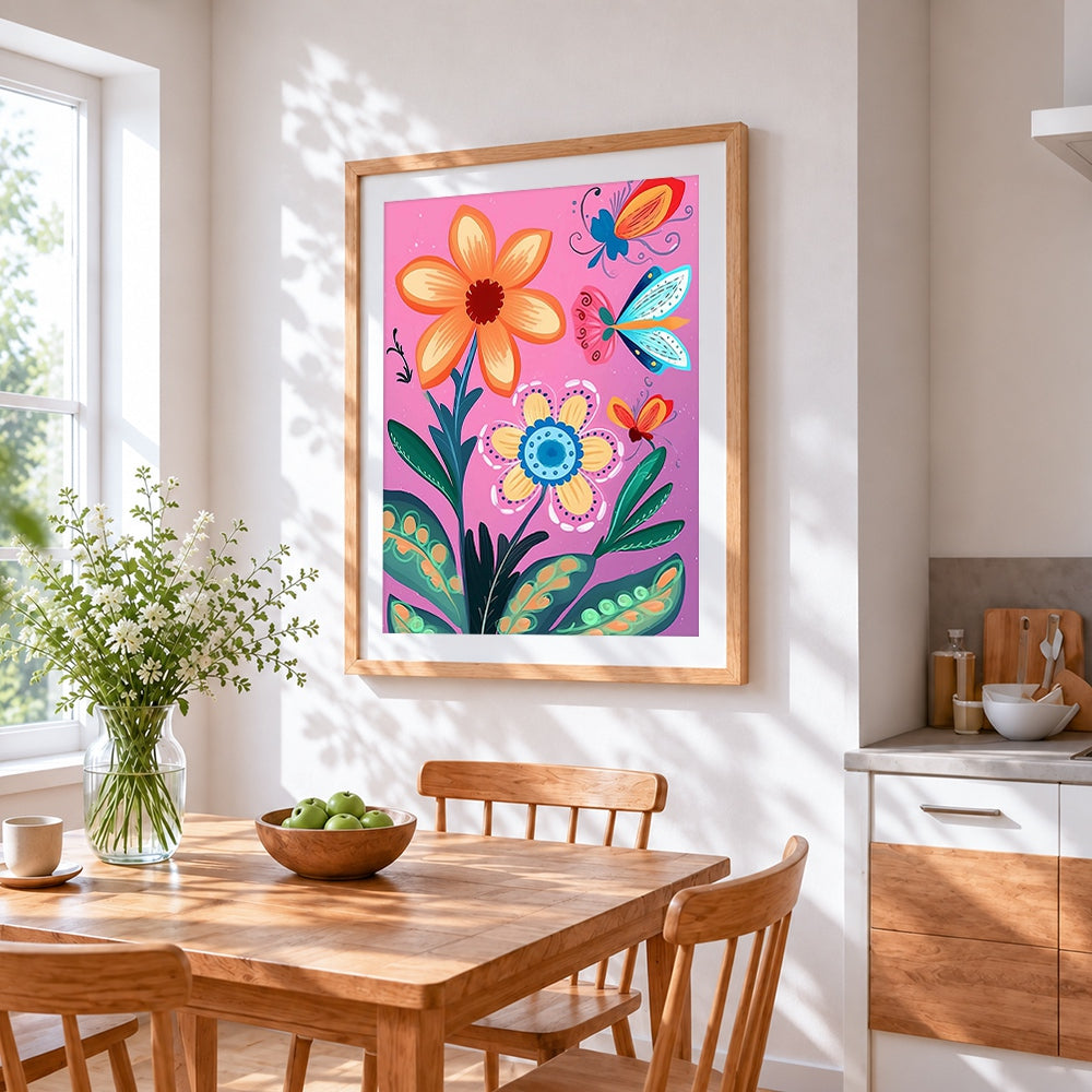 Colourful floral pattern with butterflies cross stitch artwork displayed on wall as home decor