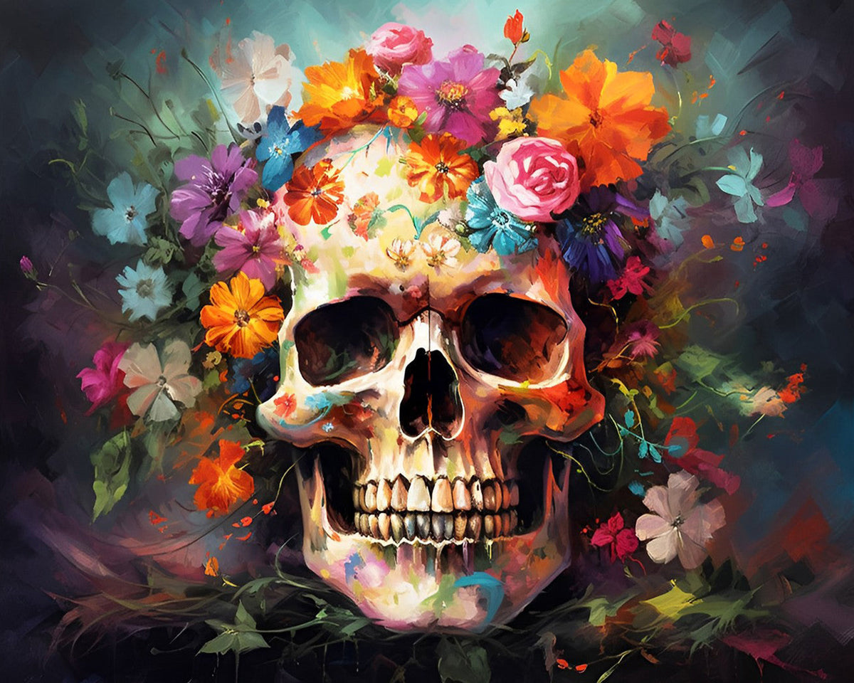 Colourful floral skull cross stitch kit for beginners