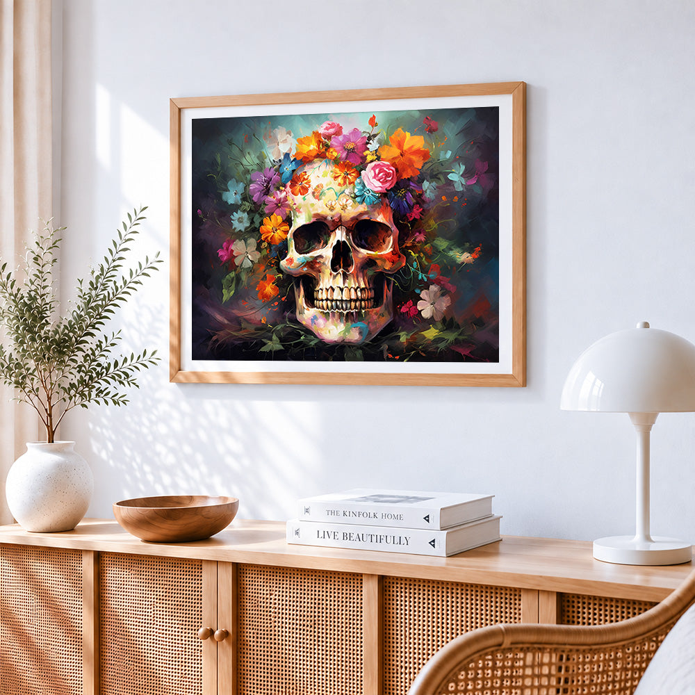 Colourful floral skull paint by numbers artwork displayed on wall as home decor