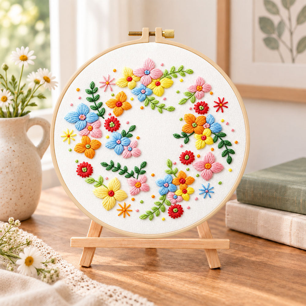 Colourful floral wreath embroidery kit finished hoop displayed on a wooden stand as cosy tabletop decor