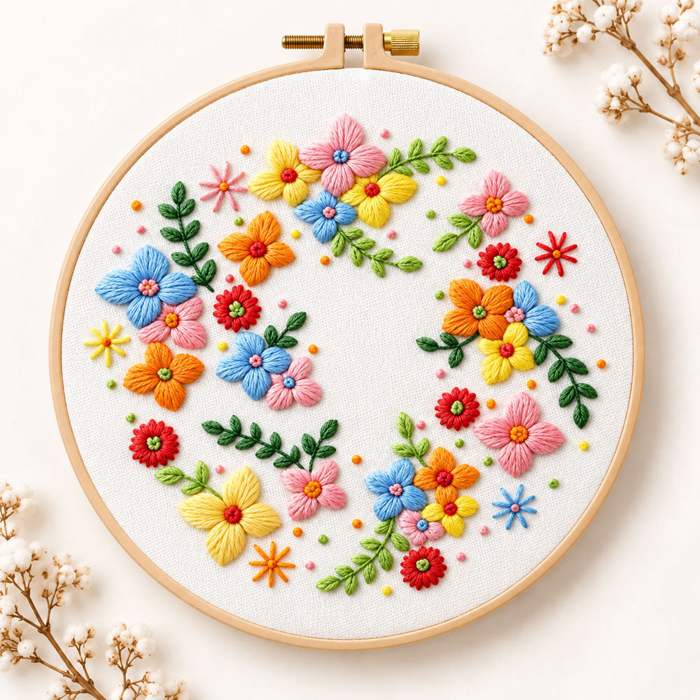 Colourful floral wreath embroidery kit