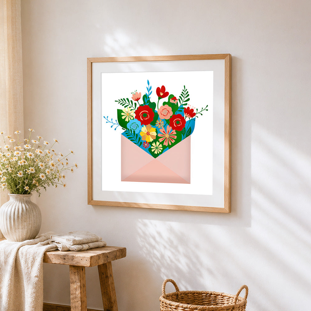 Colourful flowers in an envelope cross stitch artwork displayed on wall as home decor
